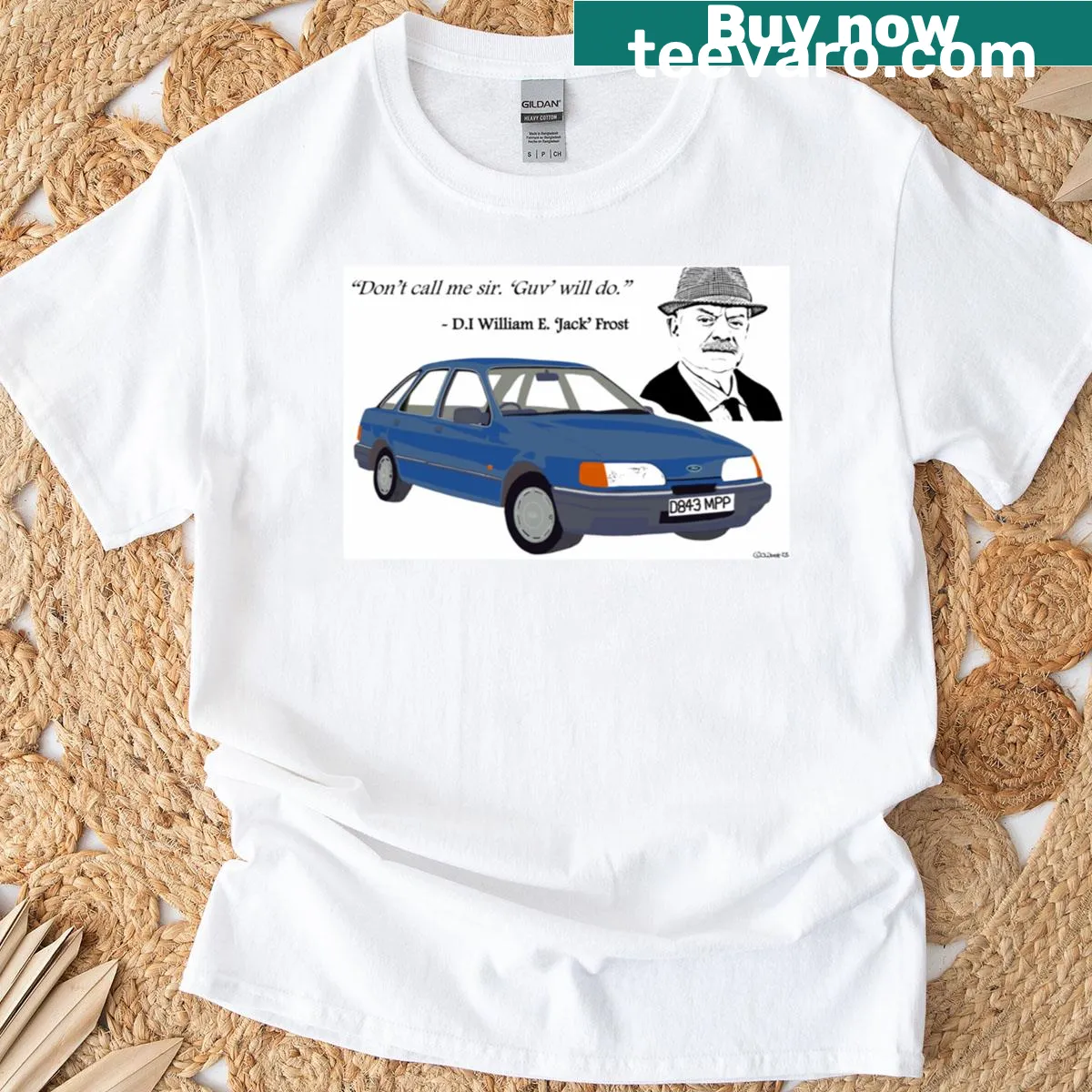 Illustrative shirt featuring Sierra mountain landscape with frost — on a men's t-shirt