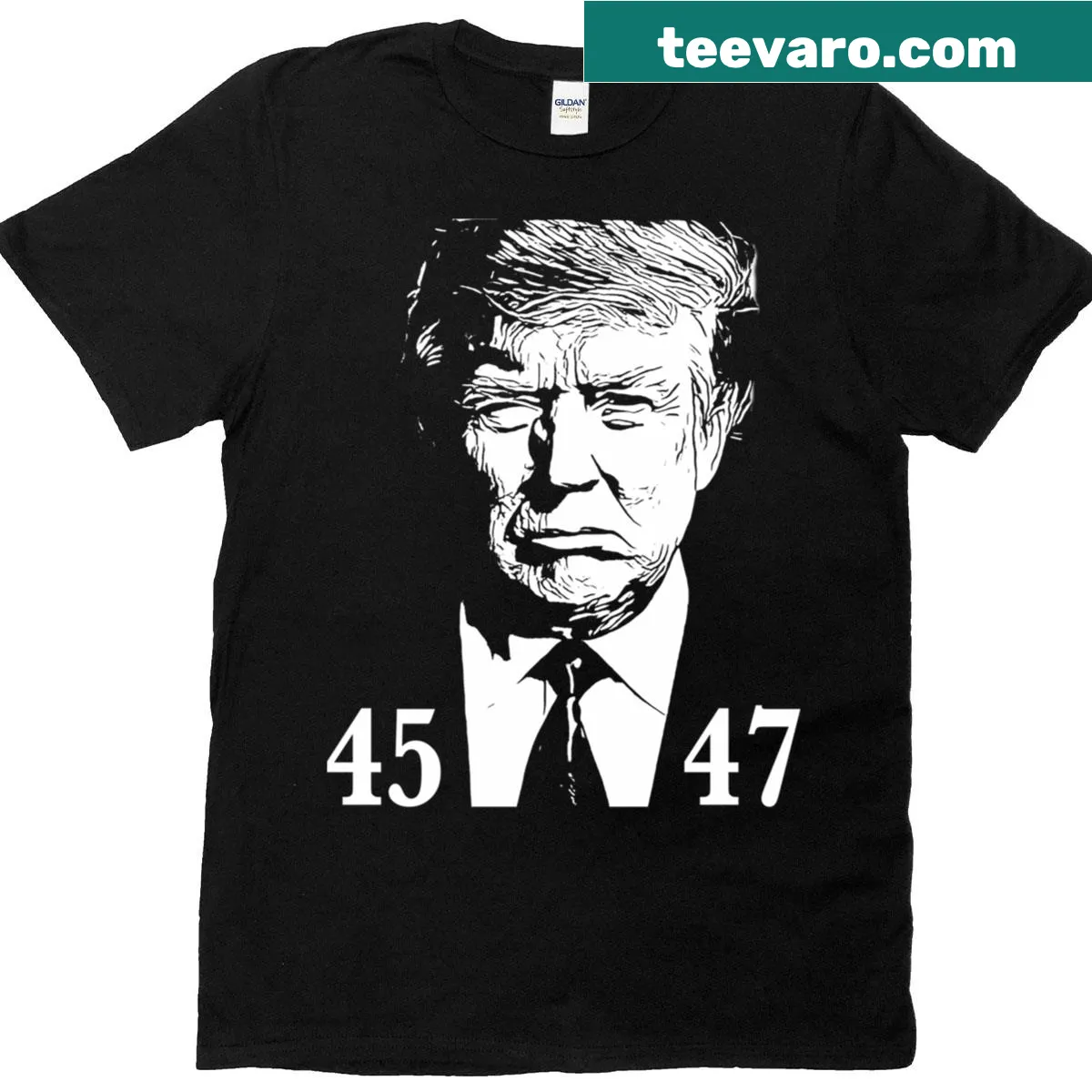 White t-shirt featuring Trump 45 47 portrait — on a men's t-shirt