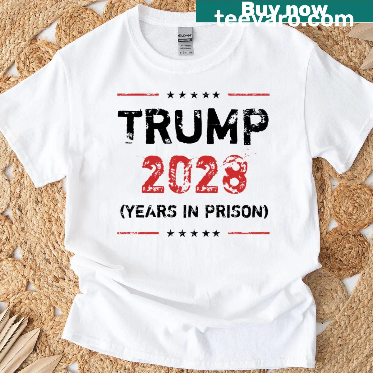 Political t-shirt with 'Trump For Prison 2028' text — on a men's t-shirt
