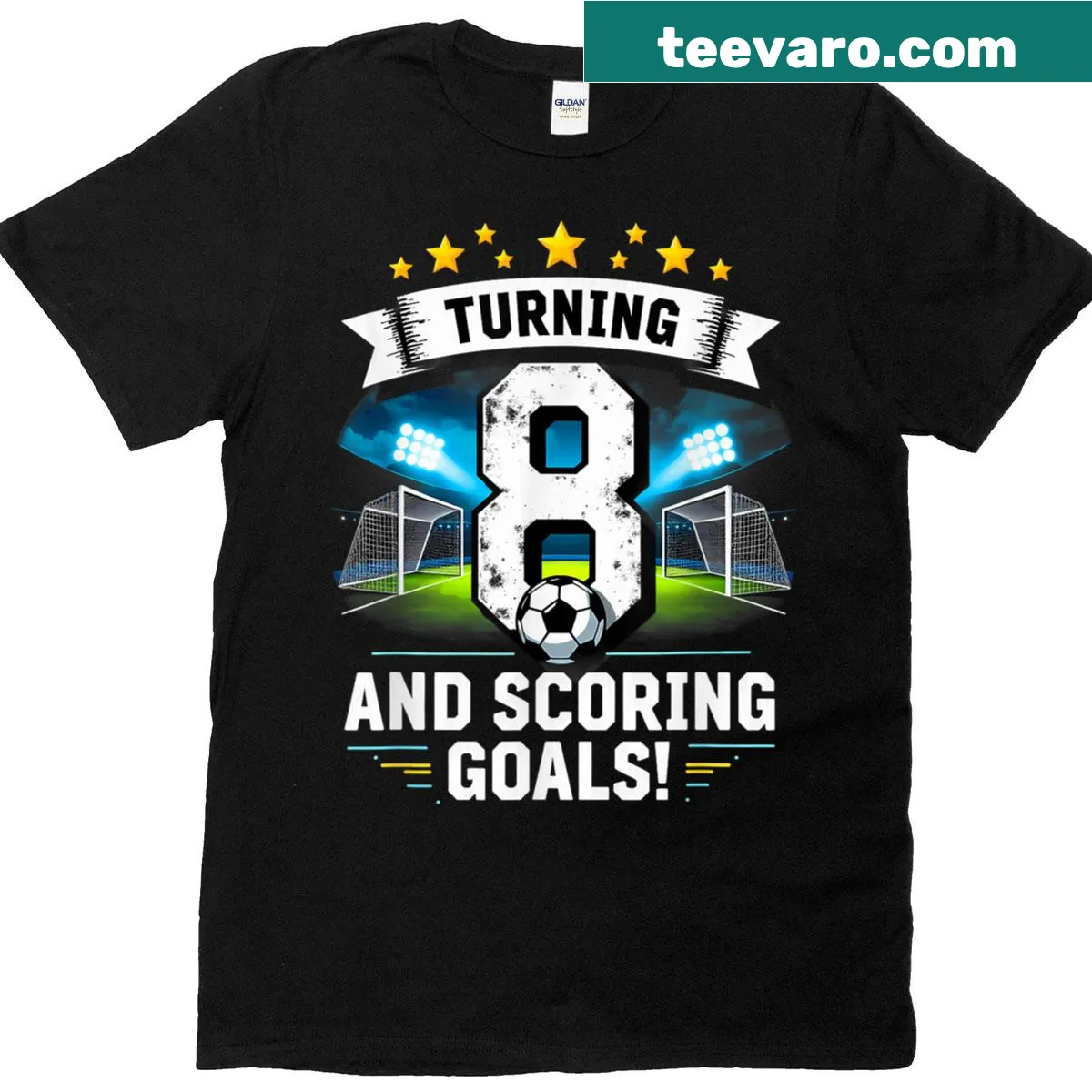 Birthday t-shirt for an 8-year-old soccer player with goal graphics — on a men's t-shirt