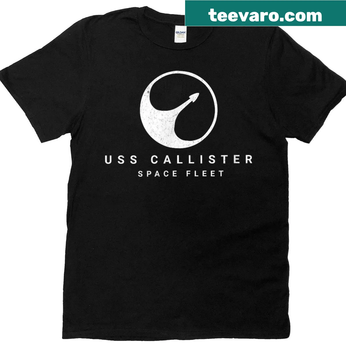 Minimalist graphic t-shirt inspired by USS Callister — on a men's t-shirt