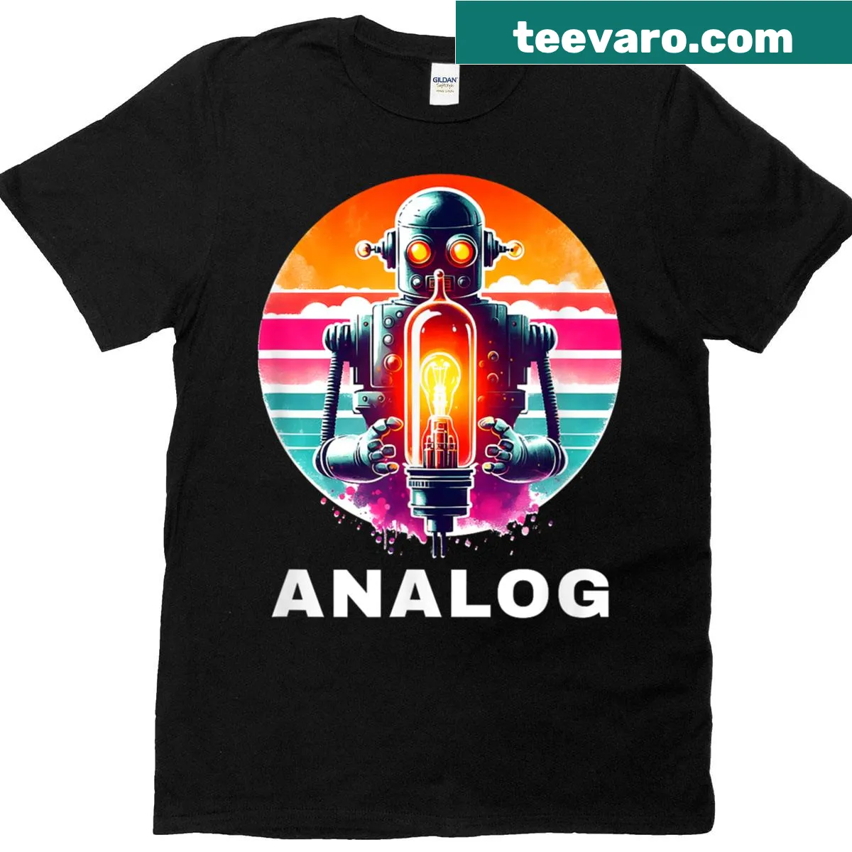 Vintage t-shirt featuring a vacuum tube amp design, reminiscent of the 80s. — on a men's t-shirt