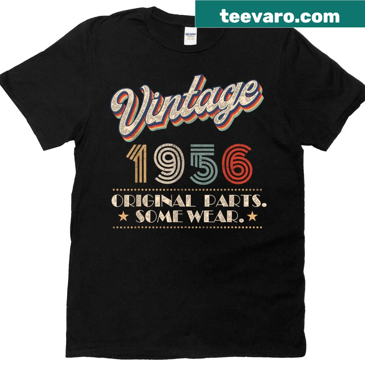 Vintage 1956 birthday t-shirt with original parts graphic — on a men's t-shirt