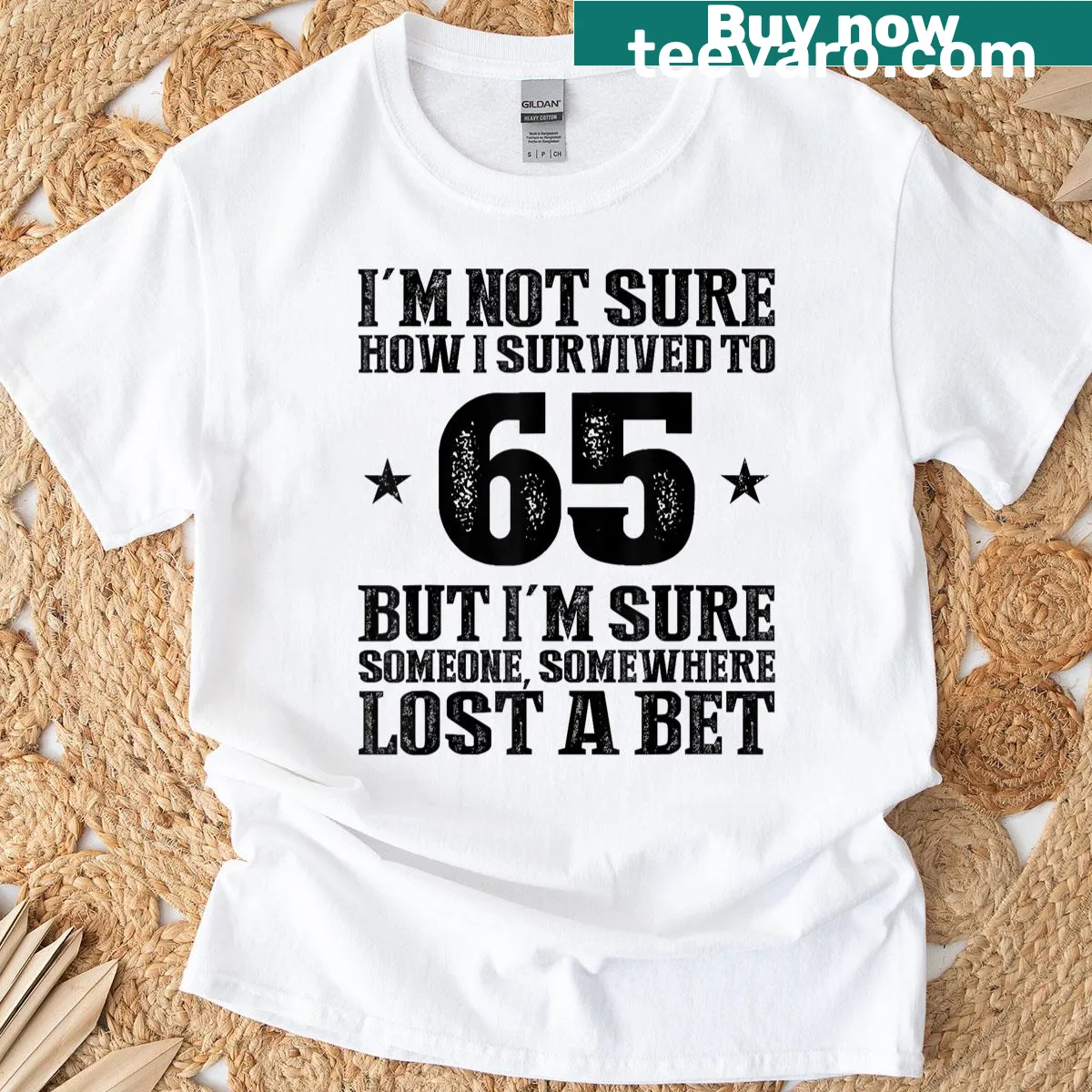 Vintage-style birthday T-shirt celebrating a 65th birthday. — on a men's t-shirt