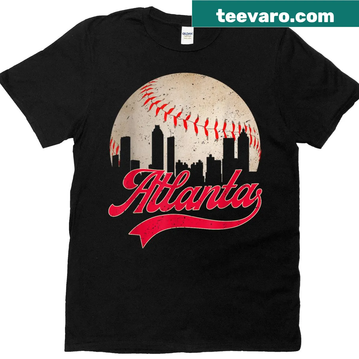 T-shirt featuring a cityscape design celebrating Atlanta baseball culture. — on a men's t-shirt