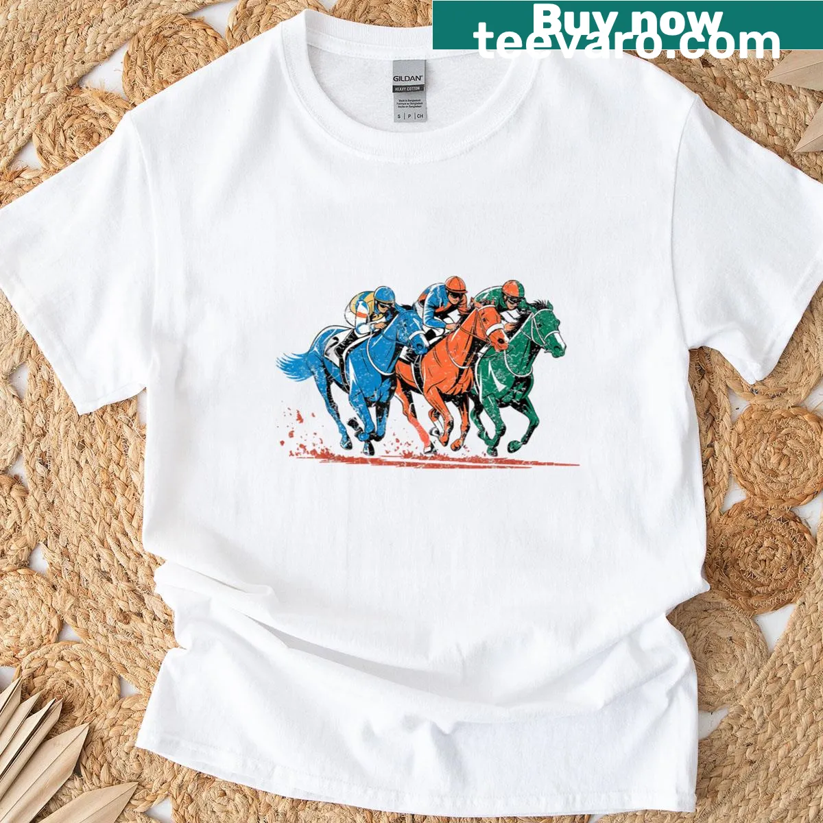 Vintage horse racing t-shirt featuring an artistic derby scene — on a men's t-shirt