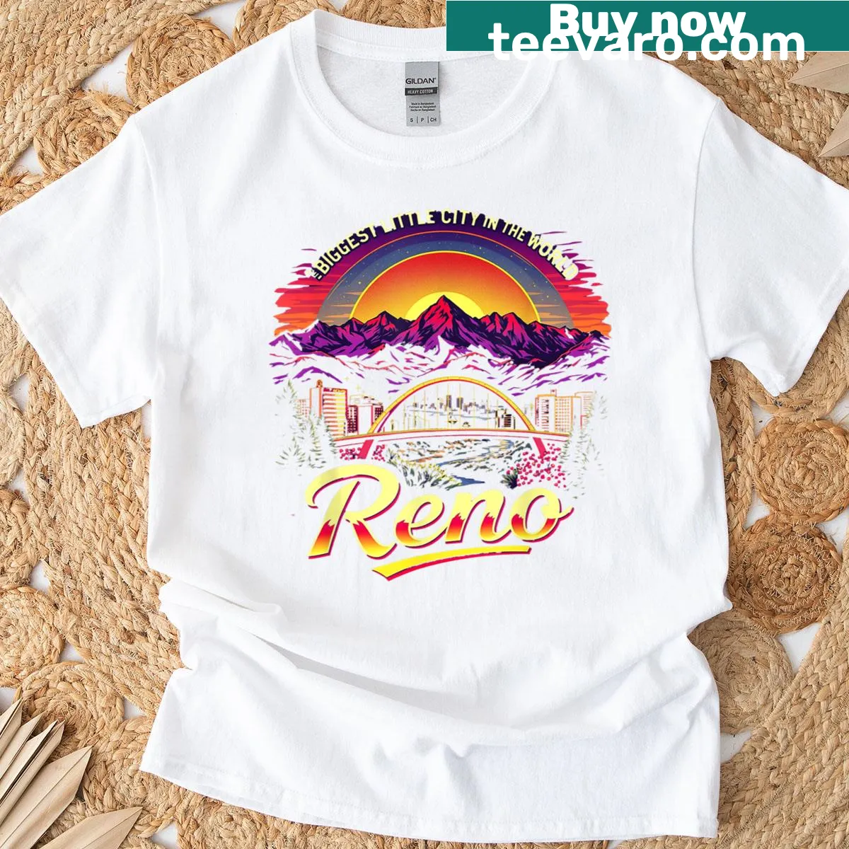 Vintage Reno Nevada cityscape sunset T-shirt — on a men's t-shirt