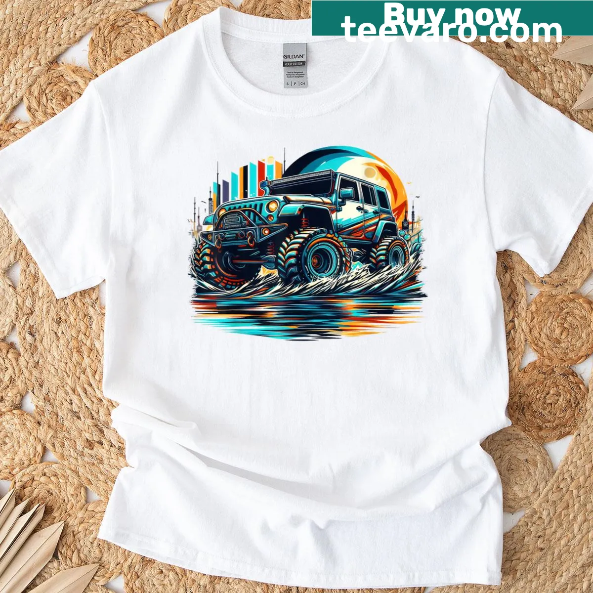Vintage retro 4x4 car T-shirt celebrating off-road adventures — on a men's t-shirt
