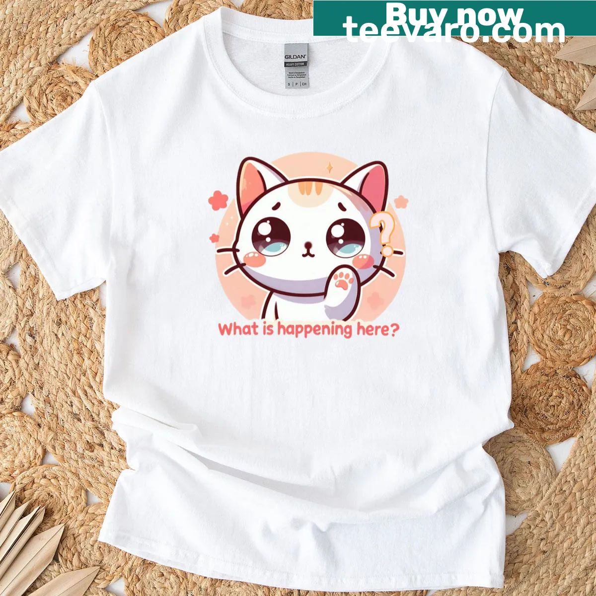 Cartoon cat meme t-shirt with 'What's Going On Here?' text — on a men's t-shirt