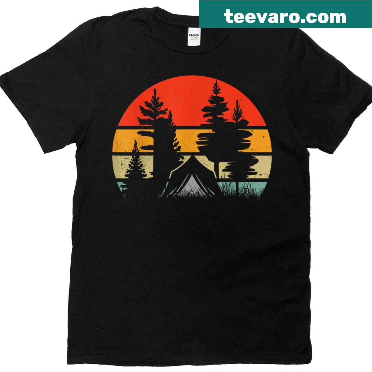 Vintage camping t-shirt featuring trees and wildlife illustrations — on a men's t-shirt