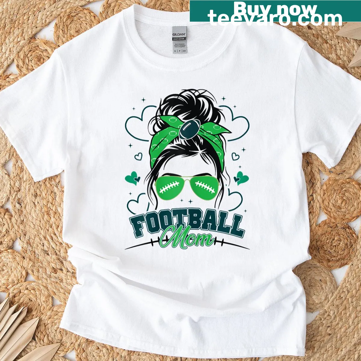 T-shirt with a graphic of a football mom in a messy bun supporting her player — on a men's t-shirt