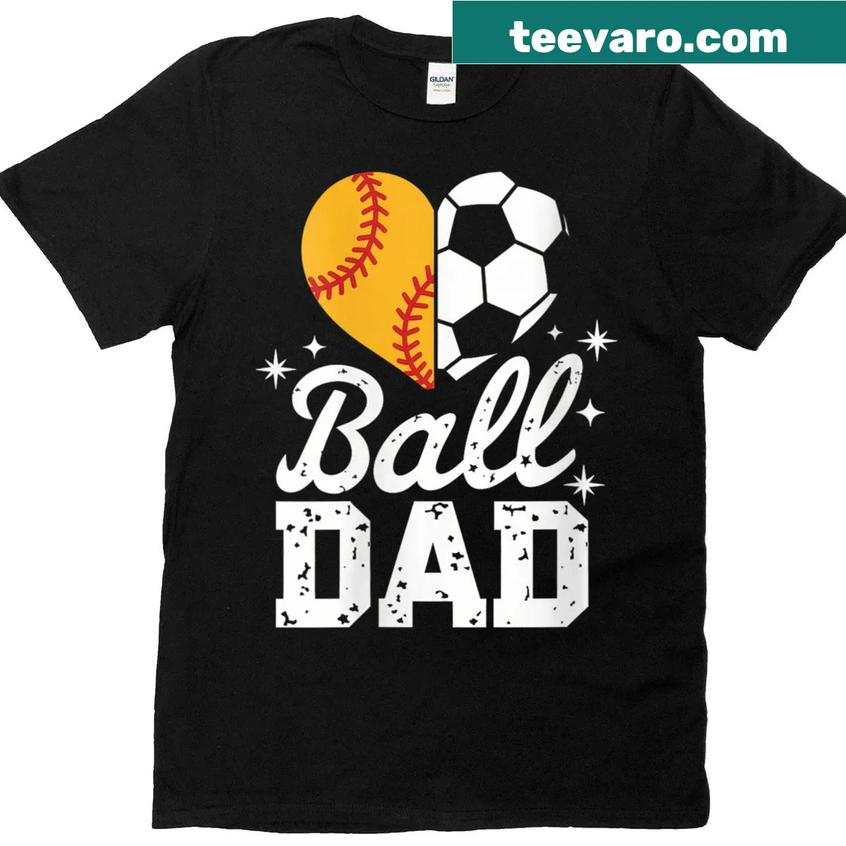 Dad t-shirt featuring softball and soccer ball illustrations — on a men's t-shirt