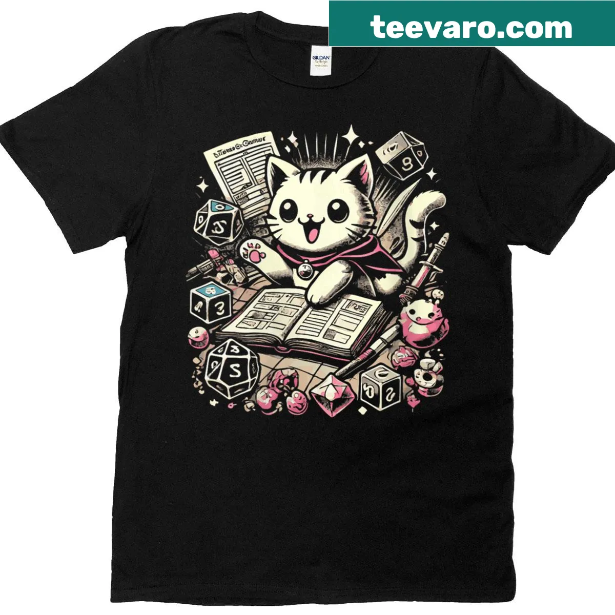 T-shirt featuring a dice game design with cat theme — on a men's t-shirt