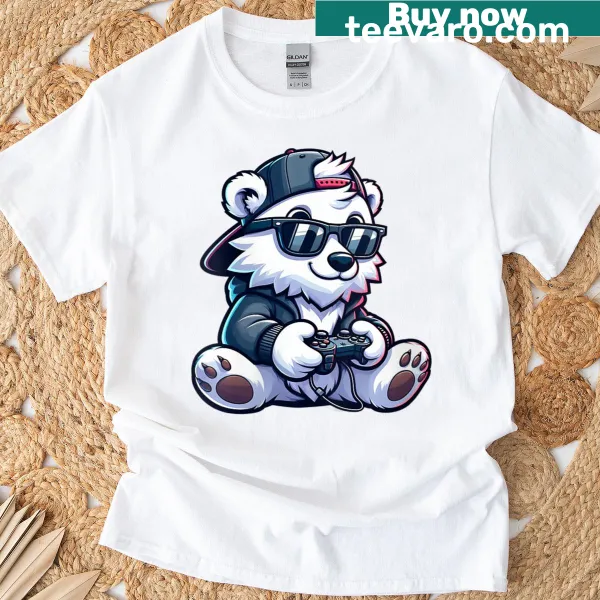 Cartoon bear playing video games on a funny t-shirt