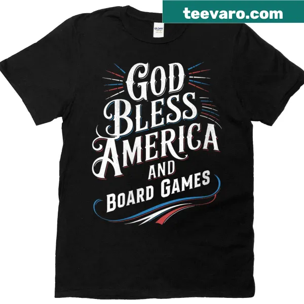 Patriotic board game-themed t-shirt with 'God Bless America' text