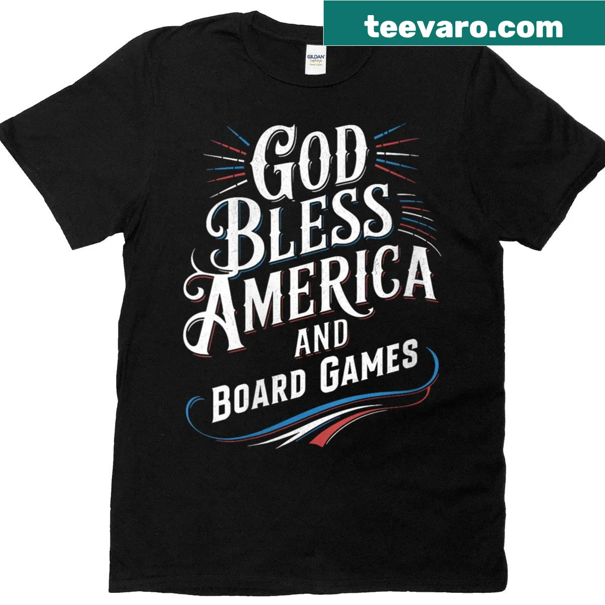 Patriotic board game-themed t-shirt with 'God Bless America' text — on a men's t-shirt