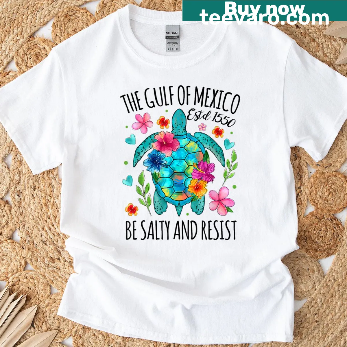 Whimsical turtle graphic with 'Be Salty And Resist' text on T-shirt — on a men's t-shirt