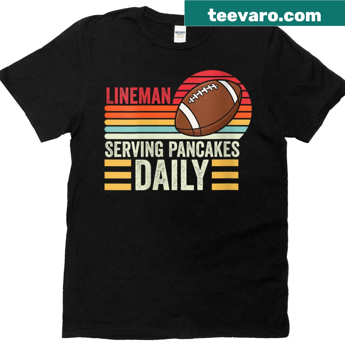 Funny football T-shirt featuring a lineman serving pancakes — on a men's t-shirt