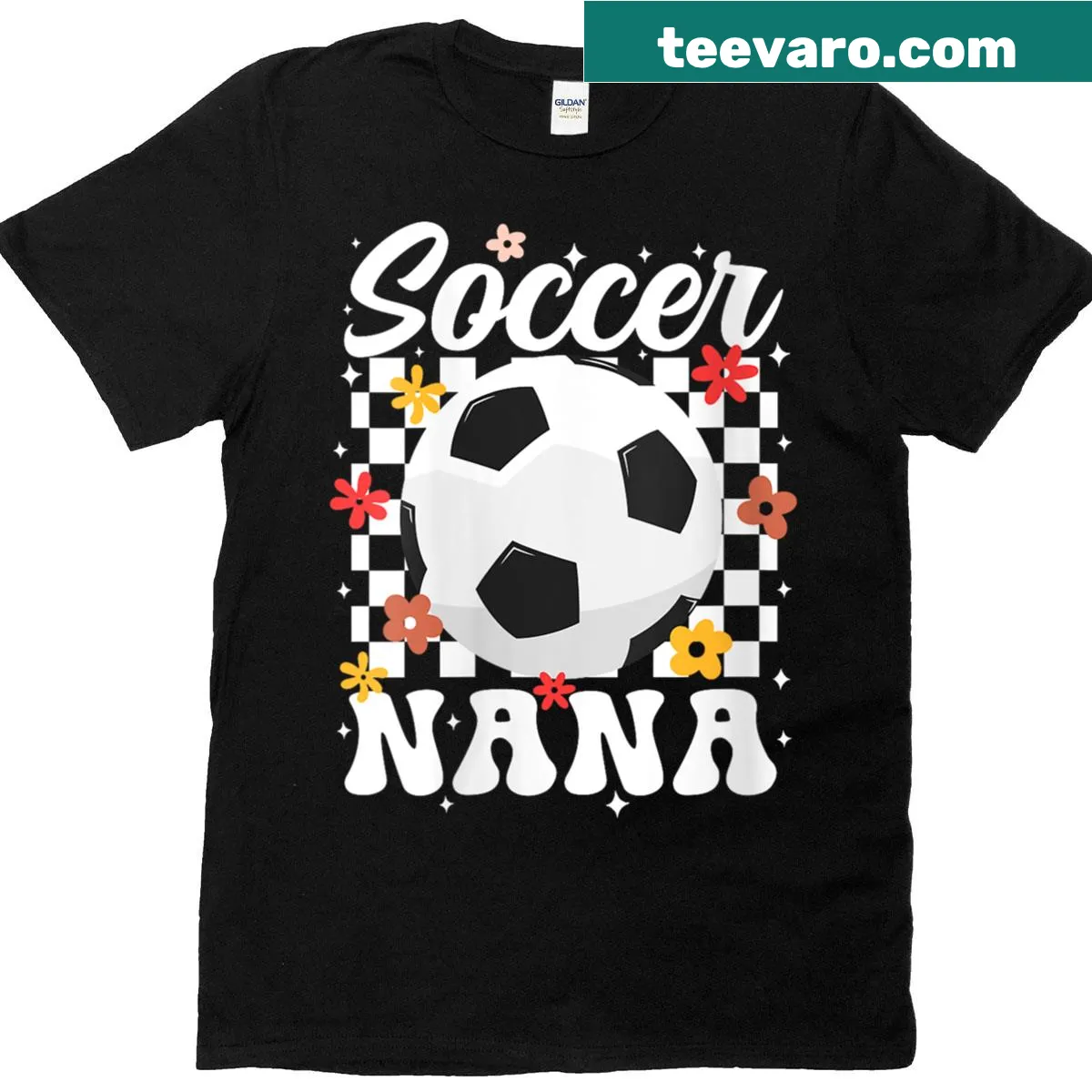 Fun Nana t-shirt with 'Groovy Nana Of A Soccer Player' text — on a men's t-shirt