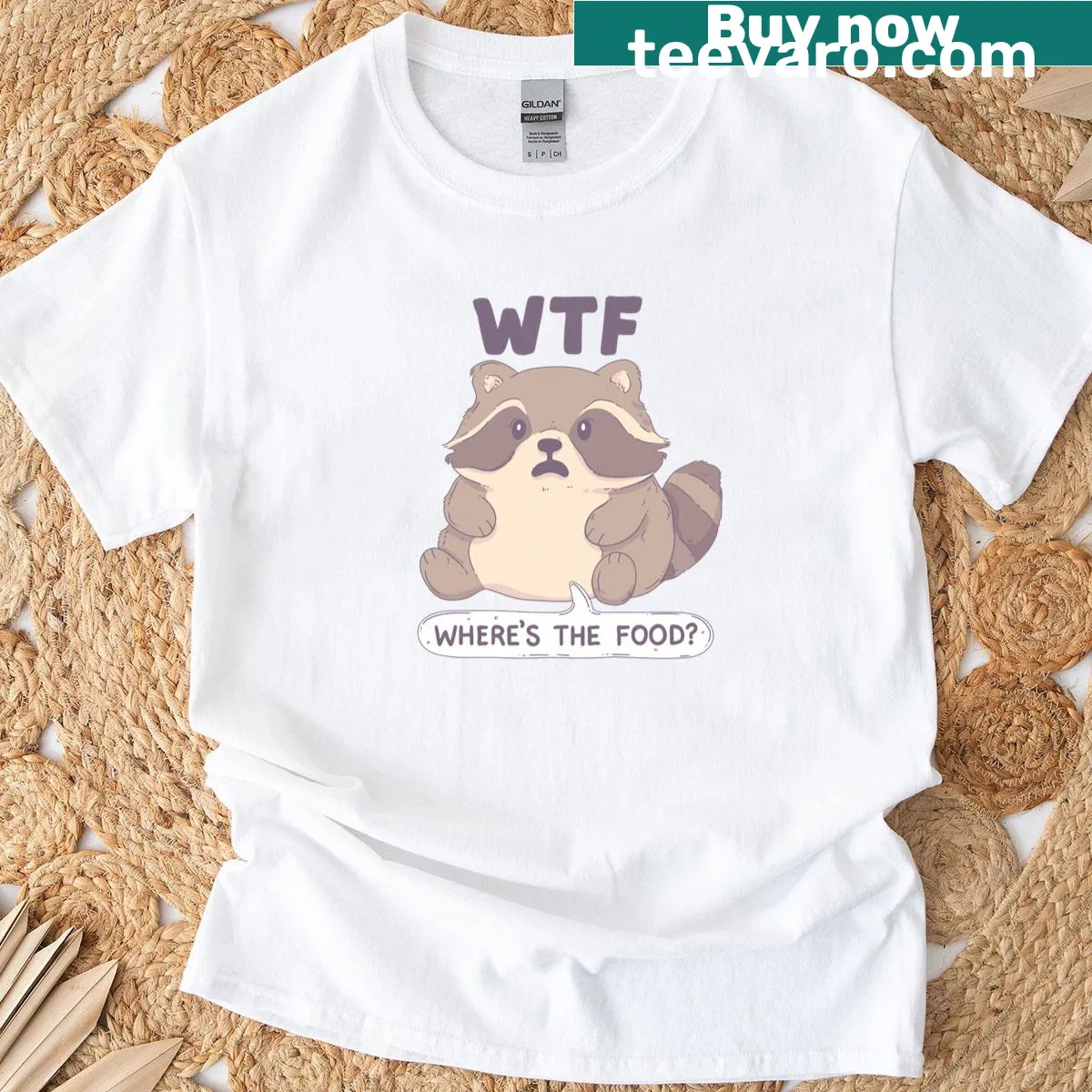 Funny T-shirt featuring a mischievous raccoon and humorous food quote. — on a men's t-shirt