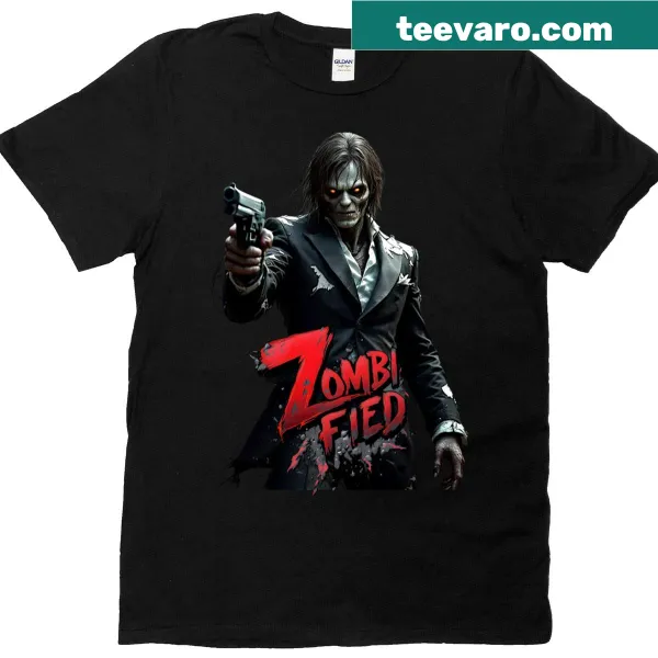T-shirt featuring a zombified graphic design.