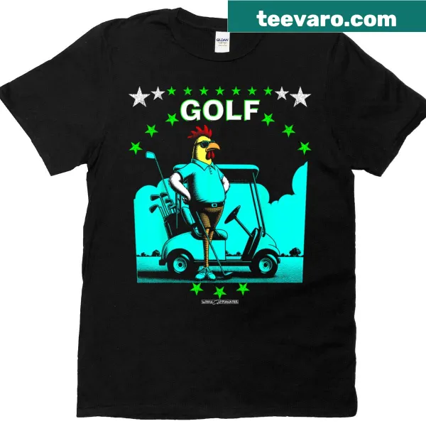 Funny T-shirt featuring a cartoon golfing chicken
