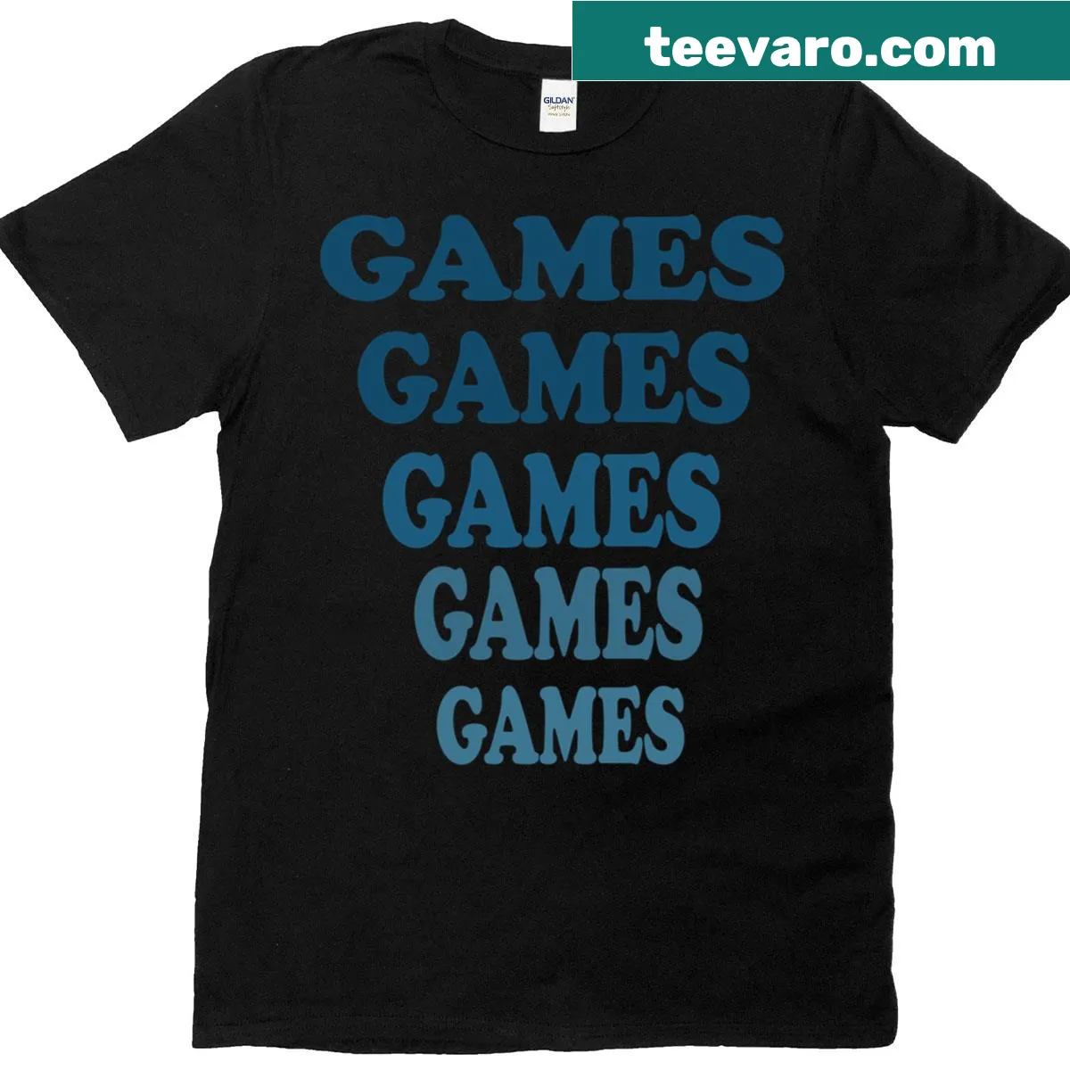 Adventureland T-shirt with repeated 'Games' typography — on a men's t-shirt