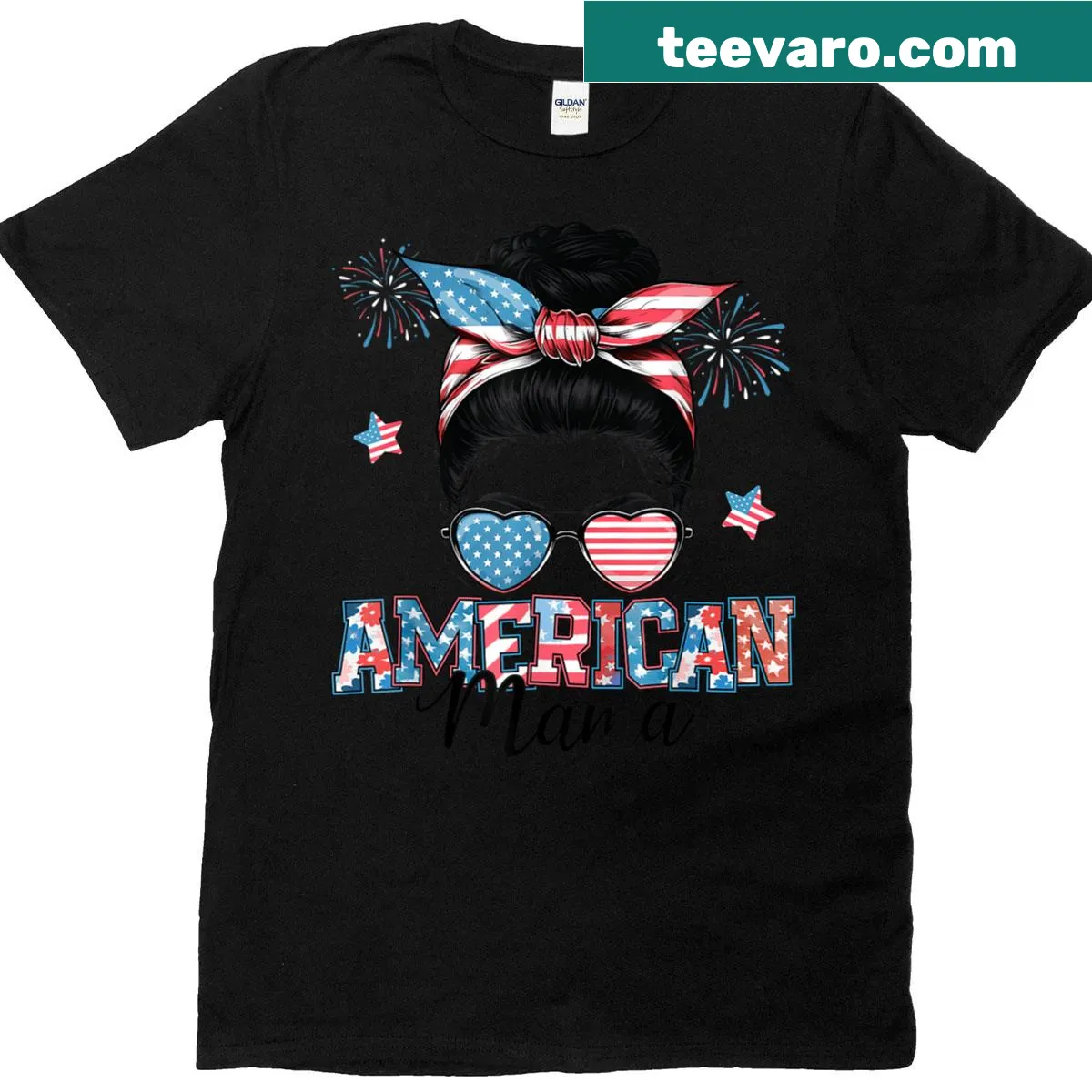 Illustrated patriotic t-shirt for mothers with messy bun — on a men's t-shirt