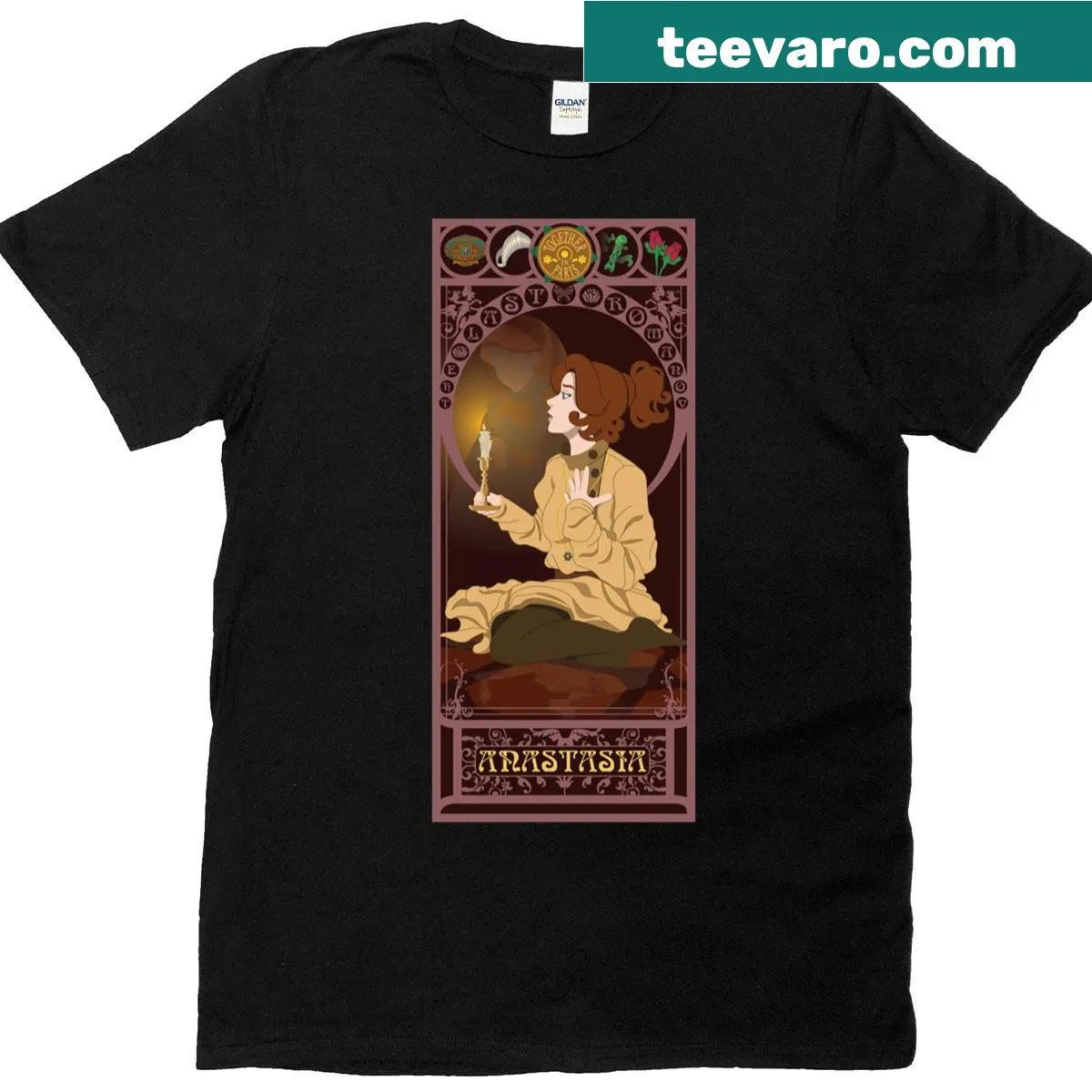 Art nouveau style Anastasia T-shirt featuring an intricate illustration — on a men's t-shirt