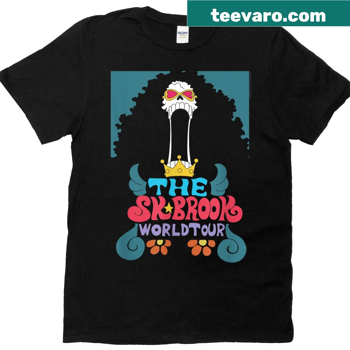 Anime Soul King Brook concert t-shirt featuring a playful skeleton design — on a men's t-shirt