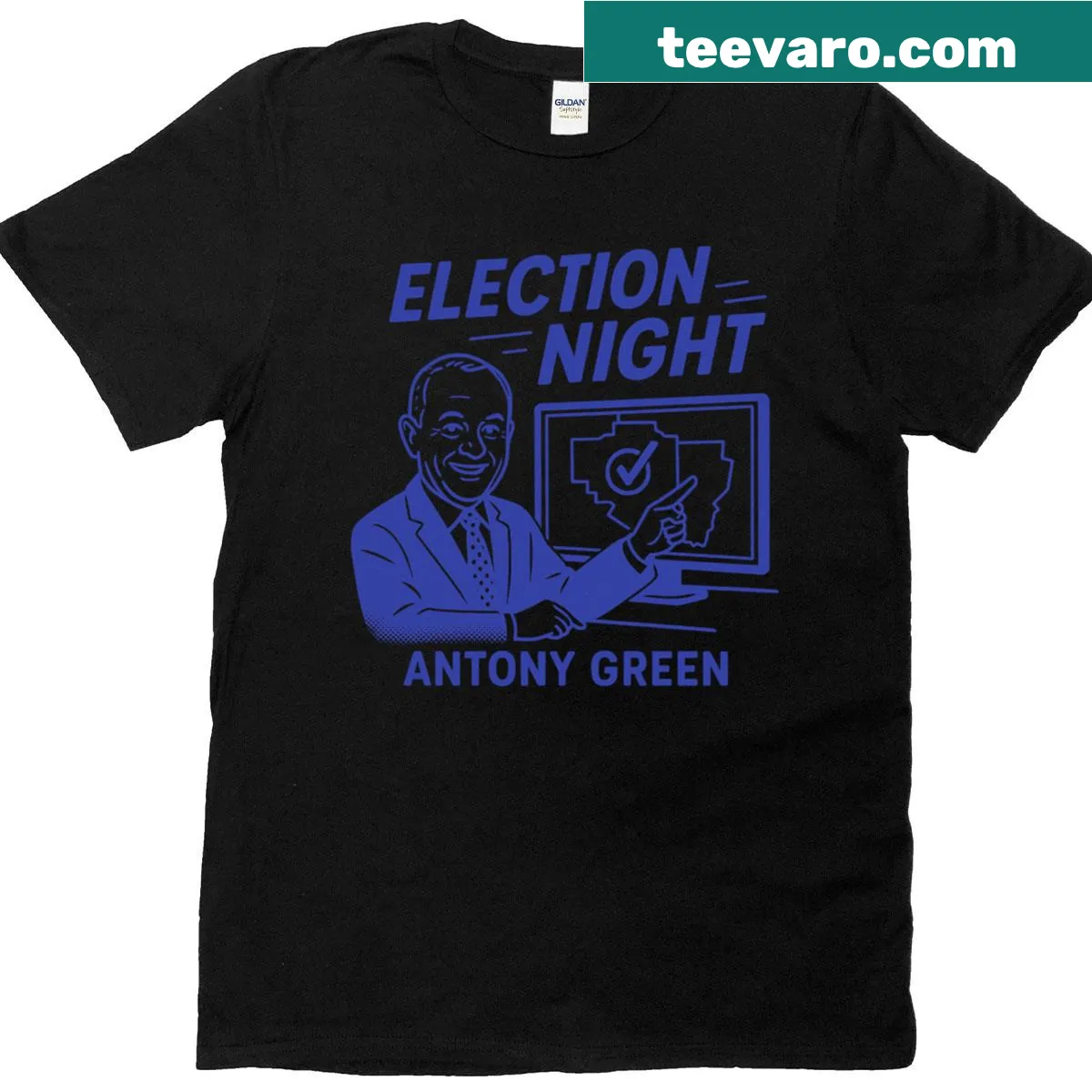 Election night call T-shirt featuring an illustration of Antony Green — on a men's t-shirt