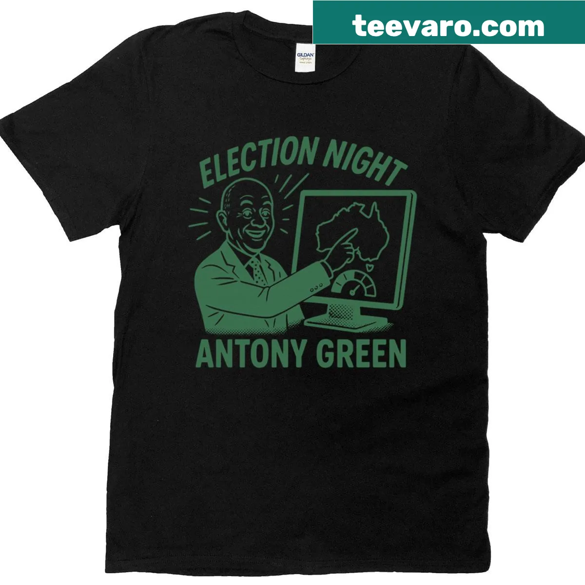 T-shirt featuring an illustrated election night map display design — on a men's t-shirt
