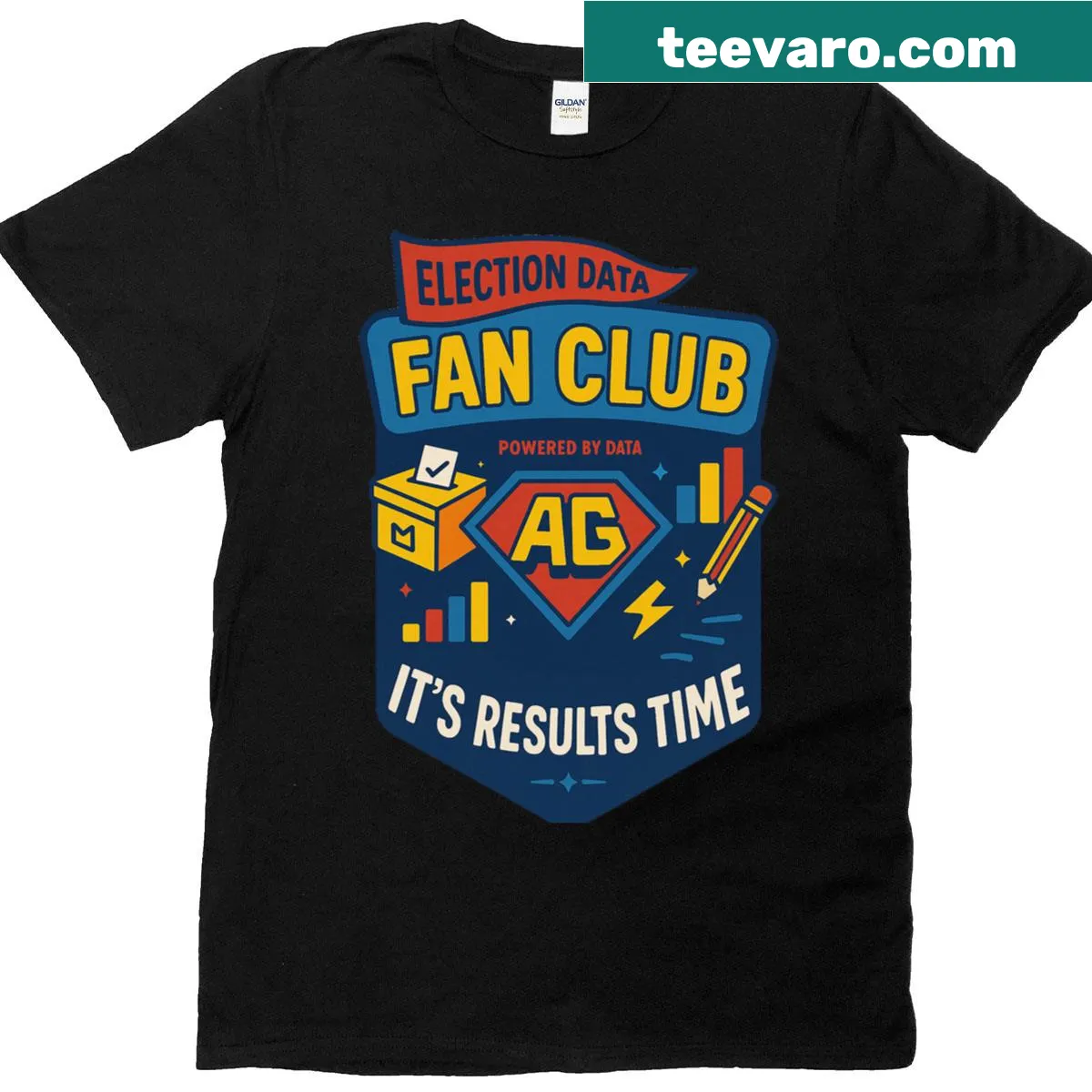 Retro-style T-shirt for election nerds with 'Fan Club Powered By Data' graphic — on a men's t-shirt