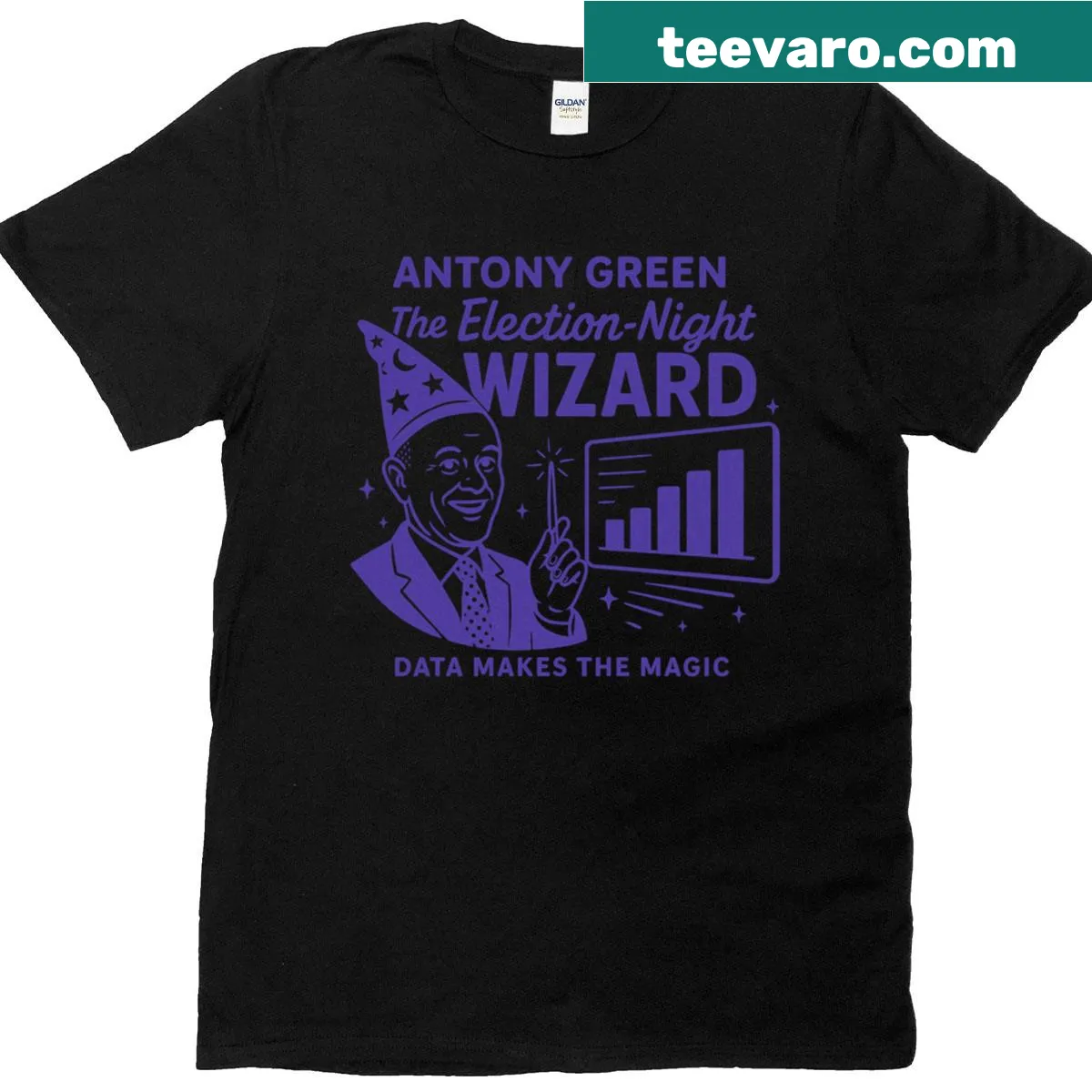 Bold typography T-shirt with 'The Election-night Wizard' text — on a men's t-shirt