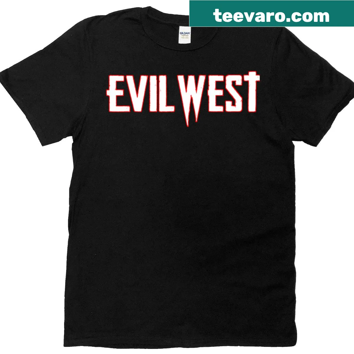 Evil West game logo t-shirt with cowboy theme — on a men's t-shirt