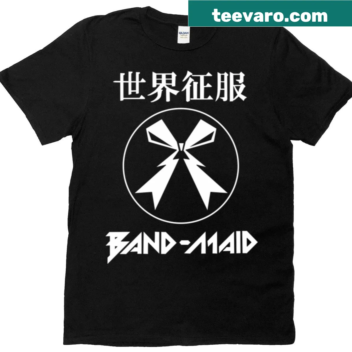 T-shirt featuring the name of the band 'Band Maid' — on a men's t-shirt