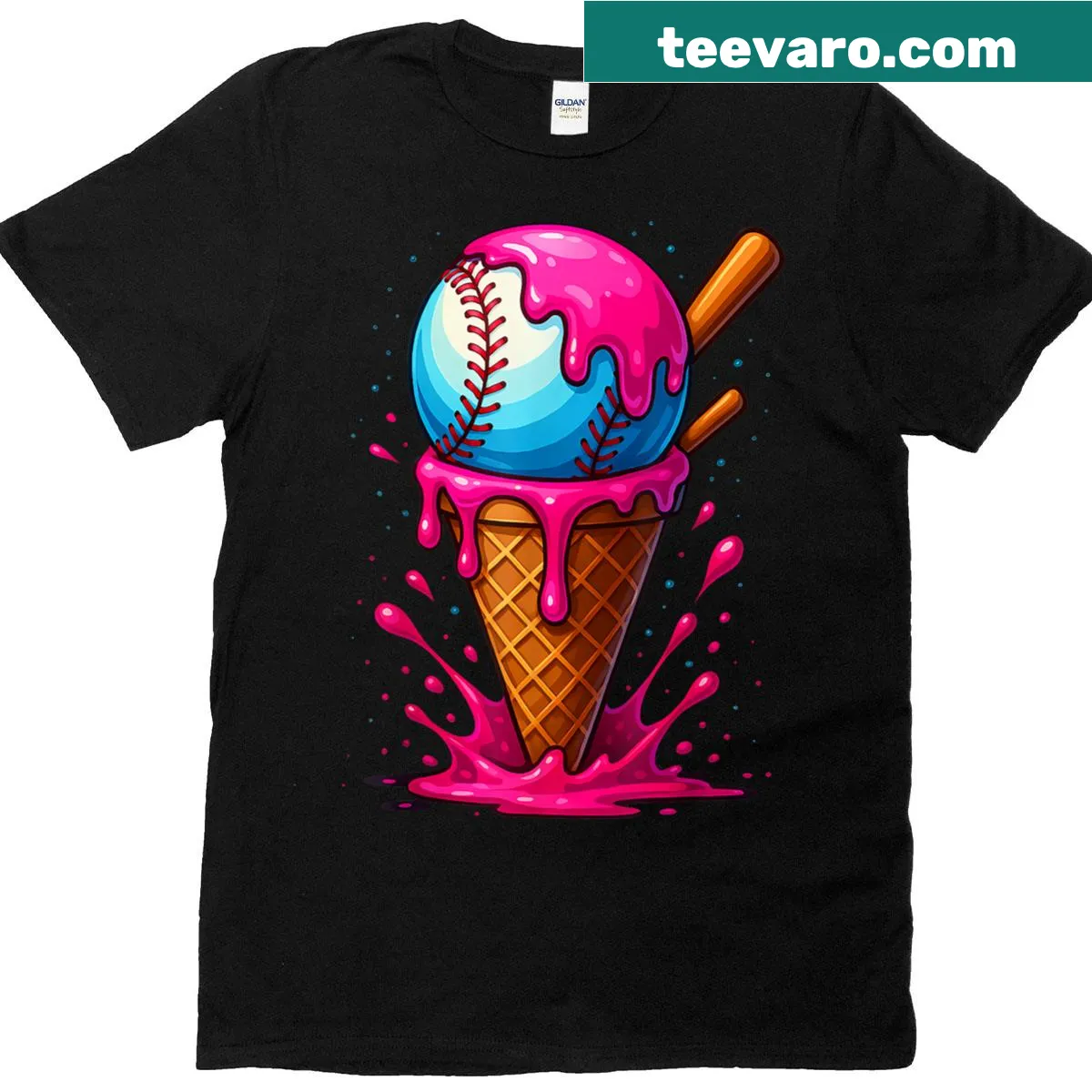 Playful Baseball Drip T-shirt with ice cream cone illustration — on a men's t-shirt