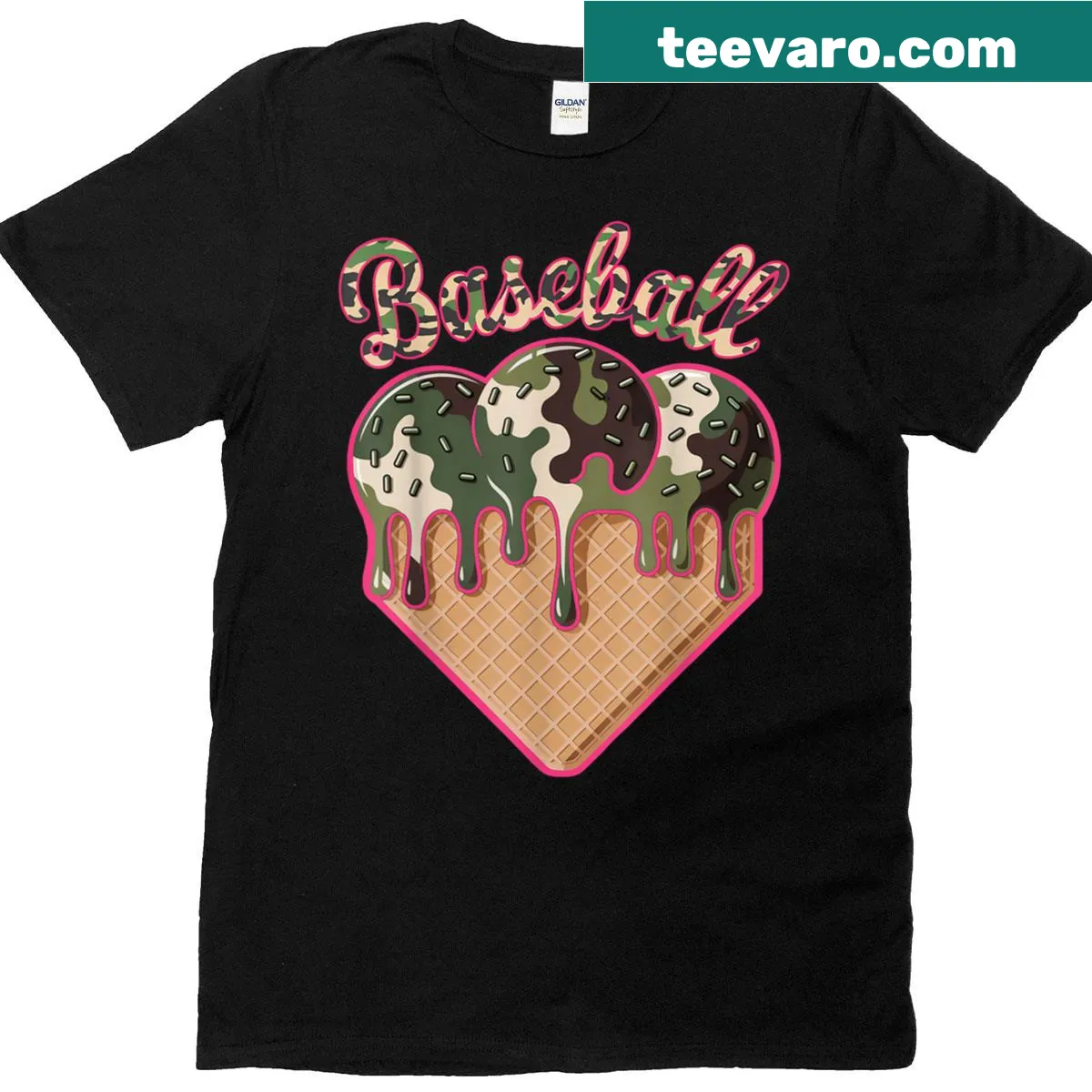 Camo baseball-themed shirt featuring a home plate design — on a men's t-shirt