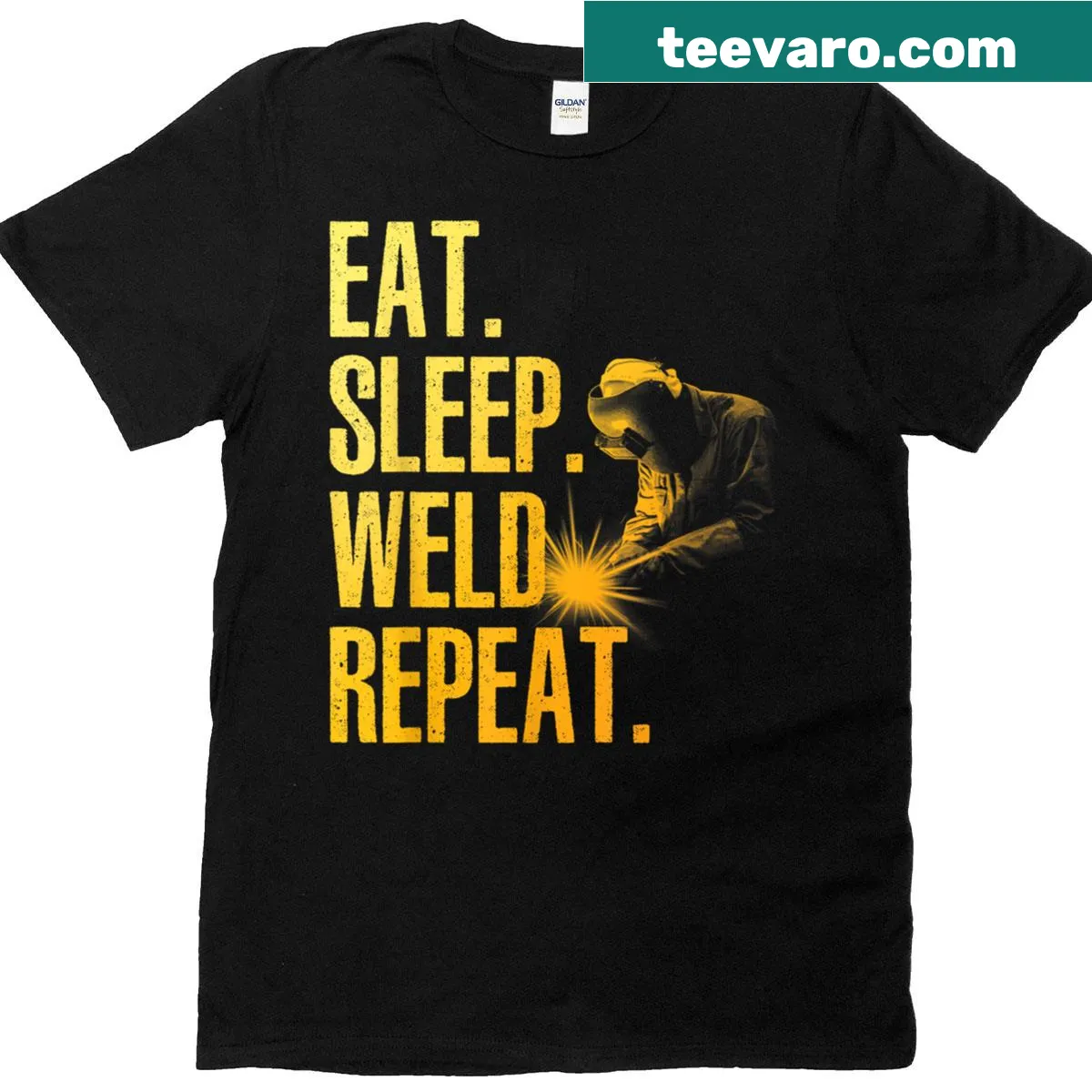 Migtig Welding Metal Welder T-shirt with welding tools illustration — on a men's t-shirt