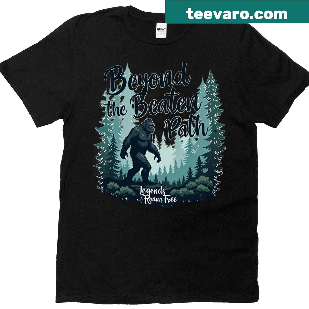 Bigfoot-themed adventure art t-shirt — on a men's t-shirt