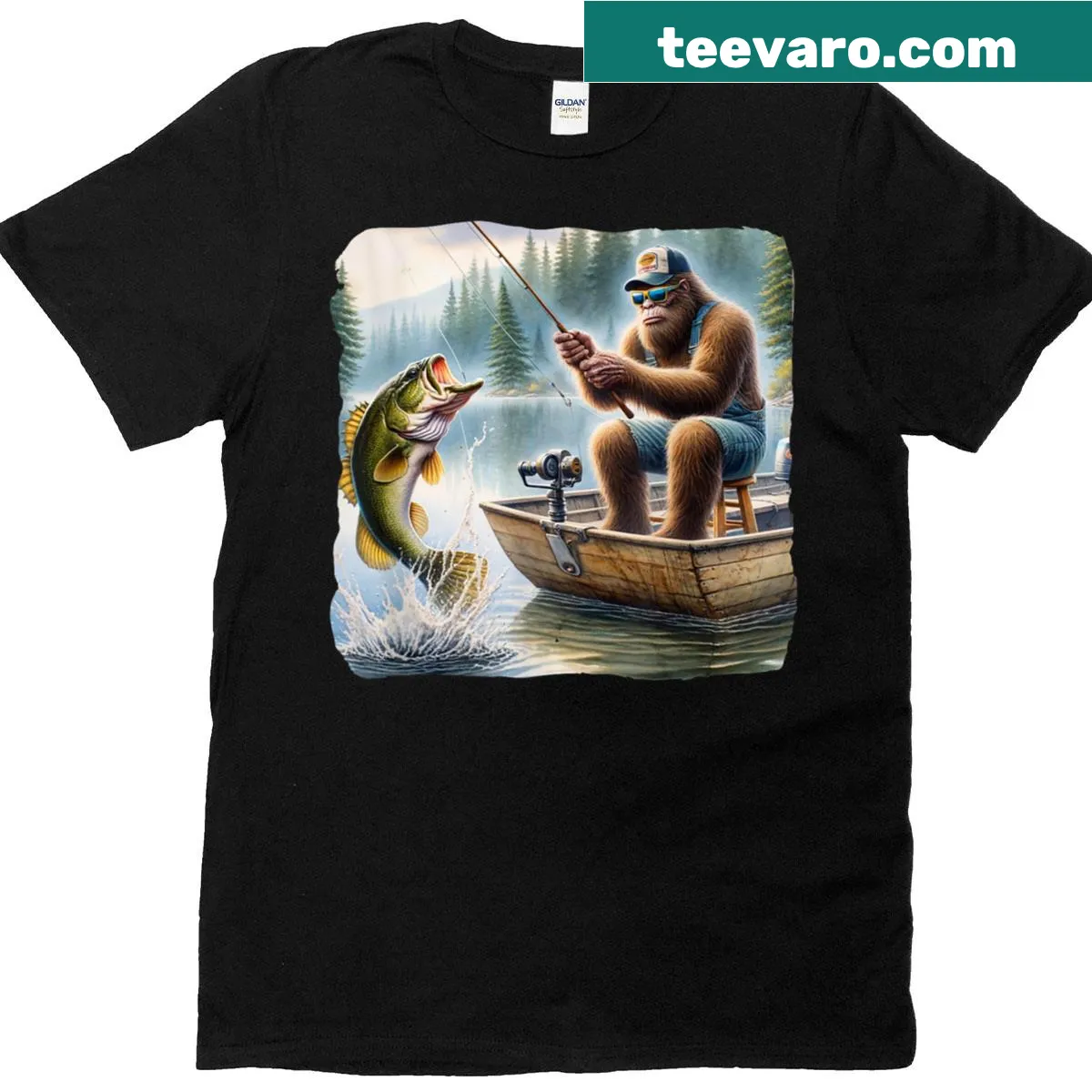 Funny illustration of Bigfoot fishing with a rod on a T-shirt — on a men's t-shirt