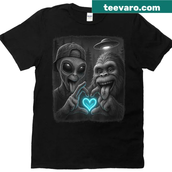 Cartoon Bigfoot making a heart sign in a funny graphic tee