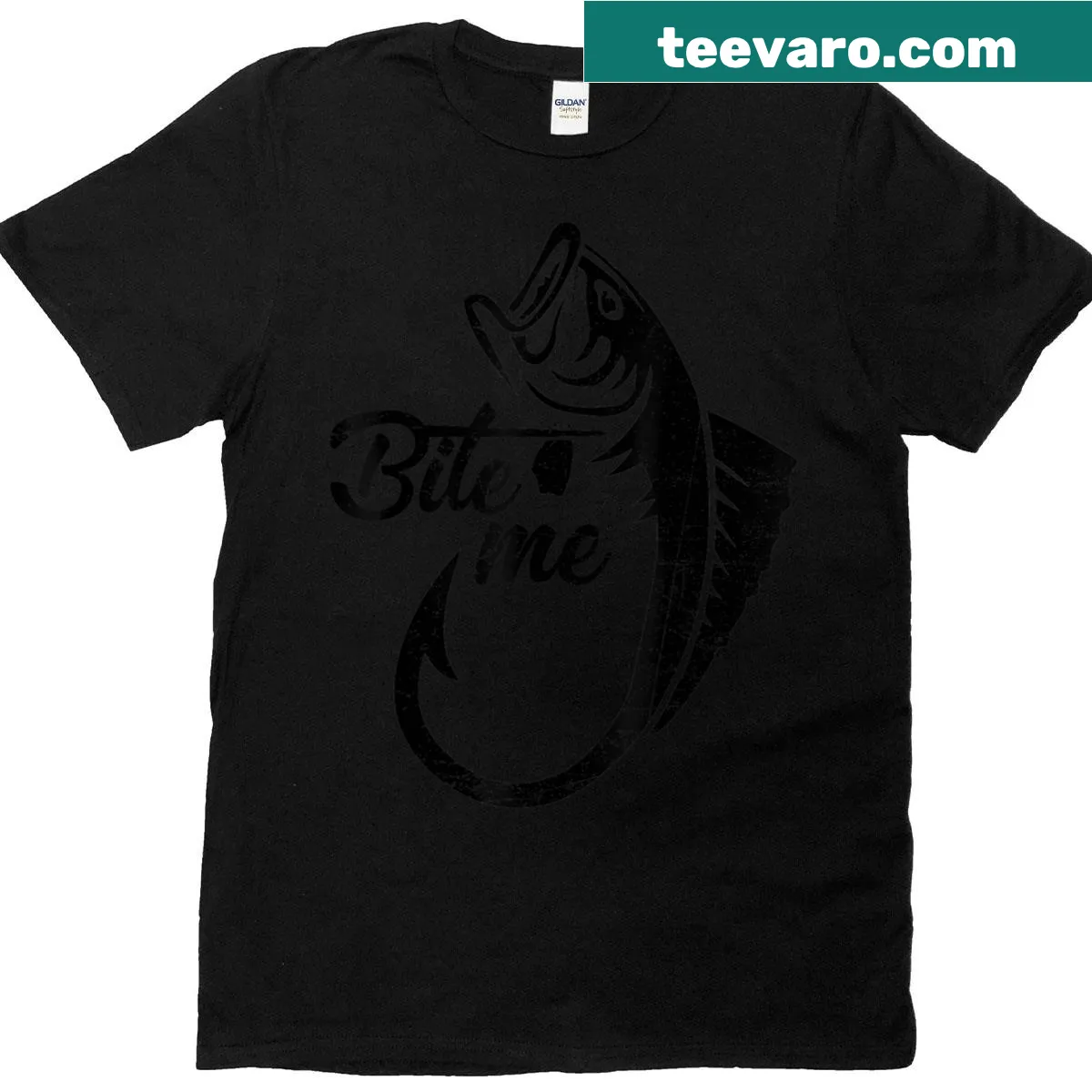 Funny fishing T-shirt with 'Bite Me' phrase and baiter graphic — on a men's t-shirt