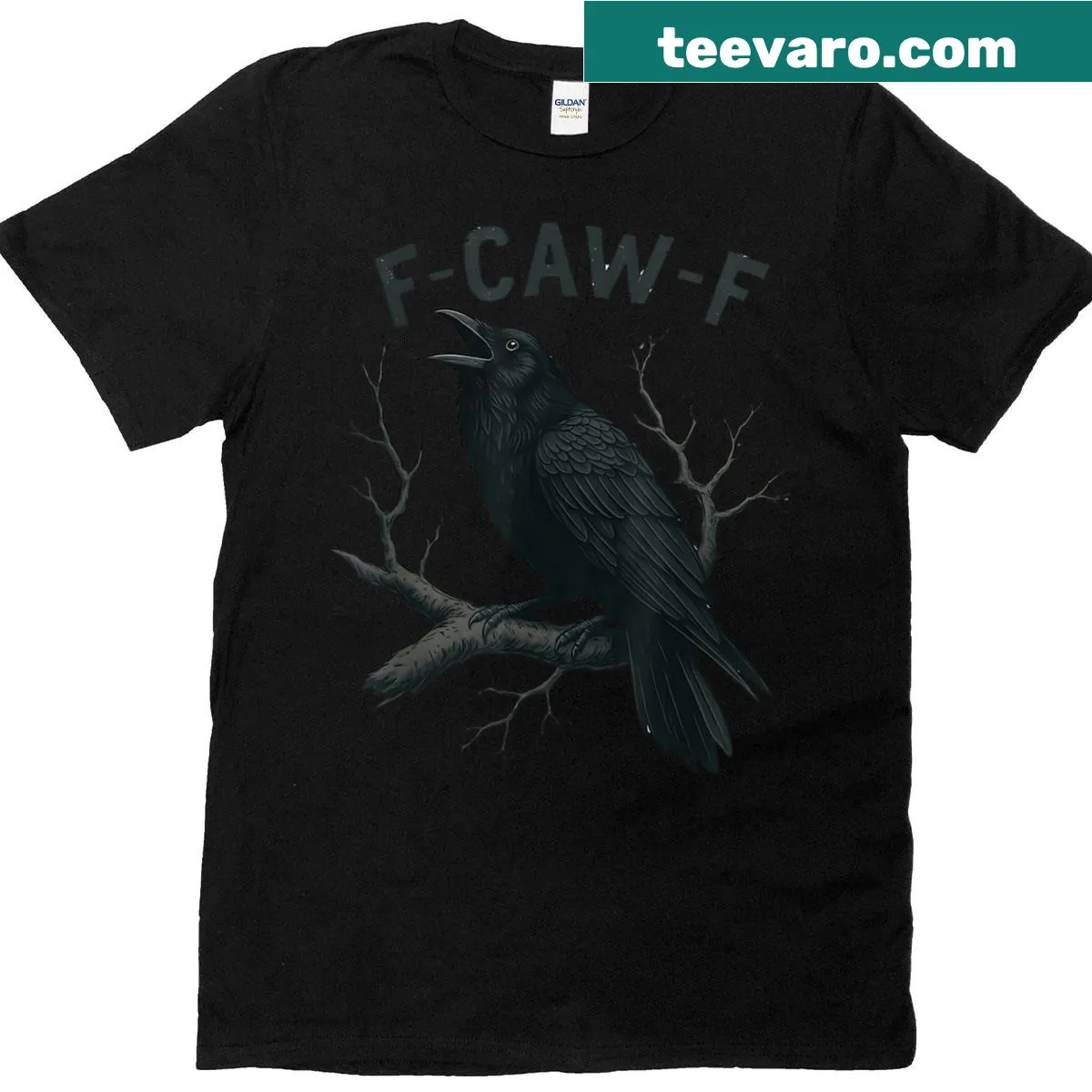 Funny t-shirt with a black crow illustration and the phrase 'F-caw-f' — on a men's t-shirt
