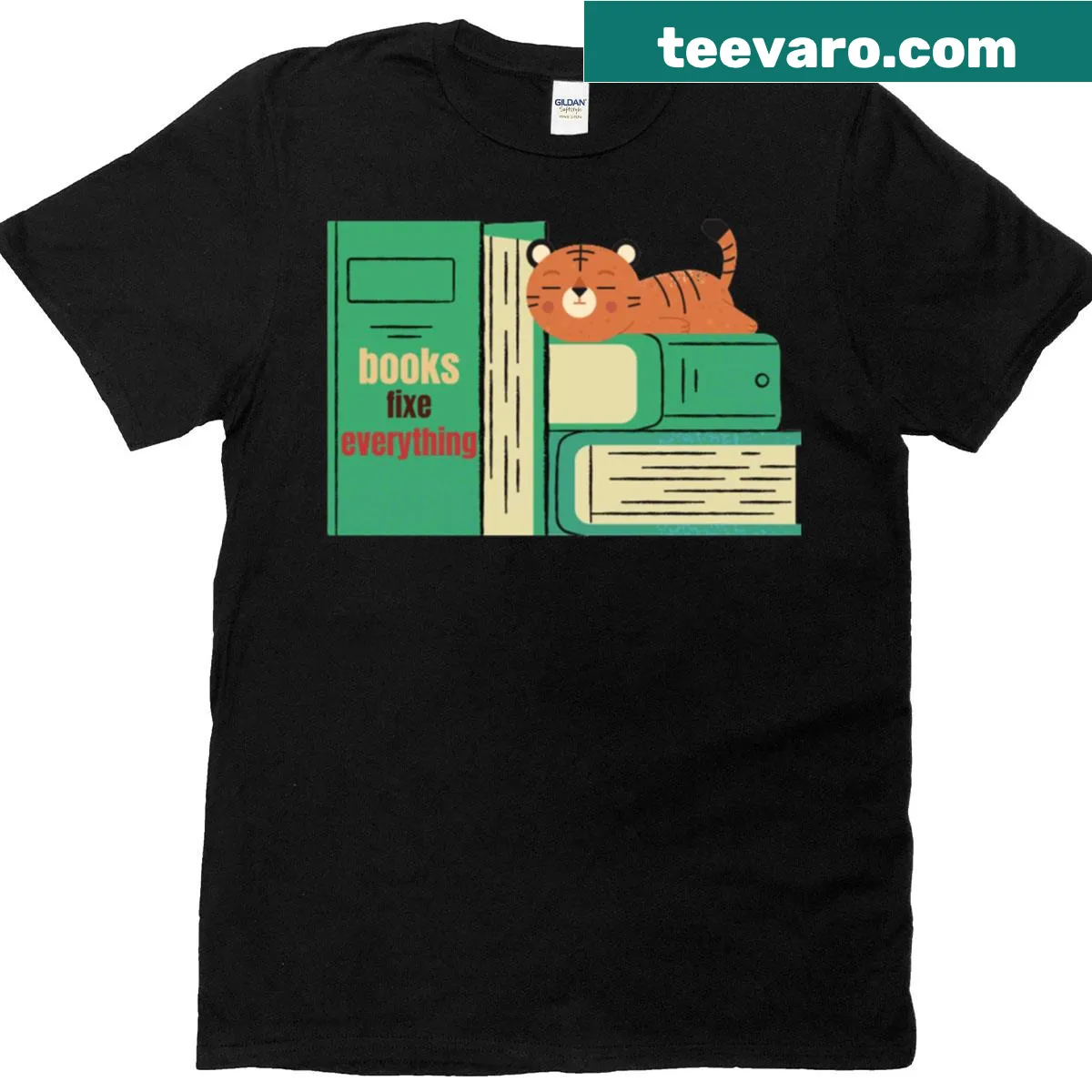 Inspirational t-shirt with the phrase 'Books Fix Everything' in bold typography — on a men's t-shirt
