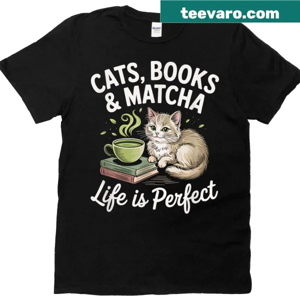 Whimsical t-shirt featuring cats, books, and matcha