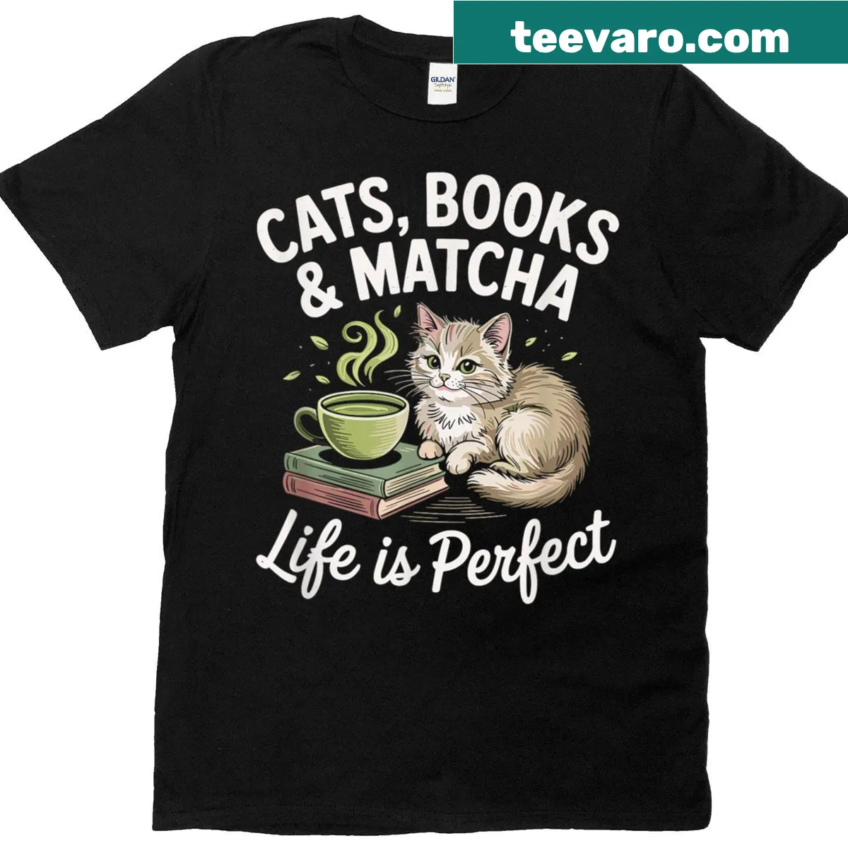 Whimsical t-shirt featuring cats, books, and matcha — on a men's t-shirt