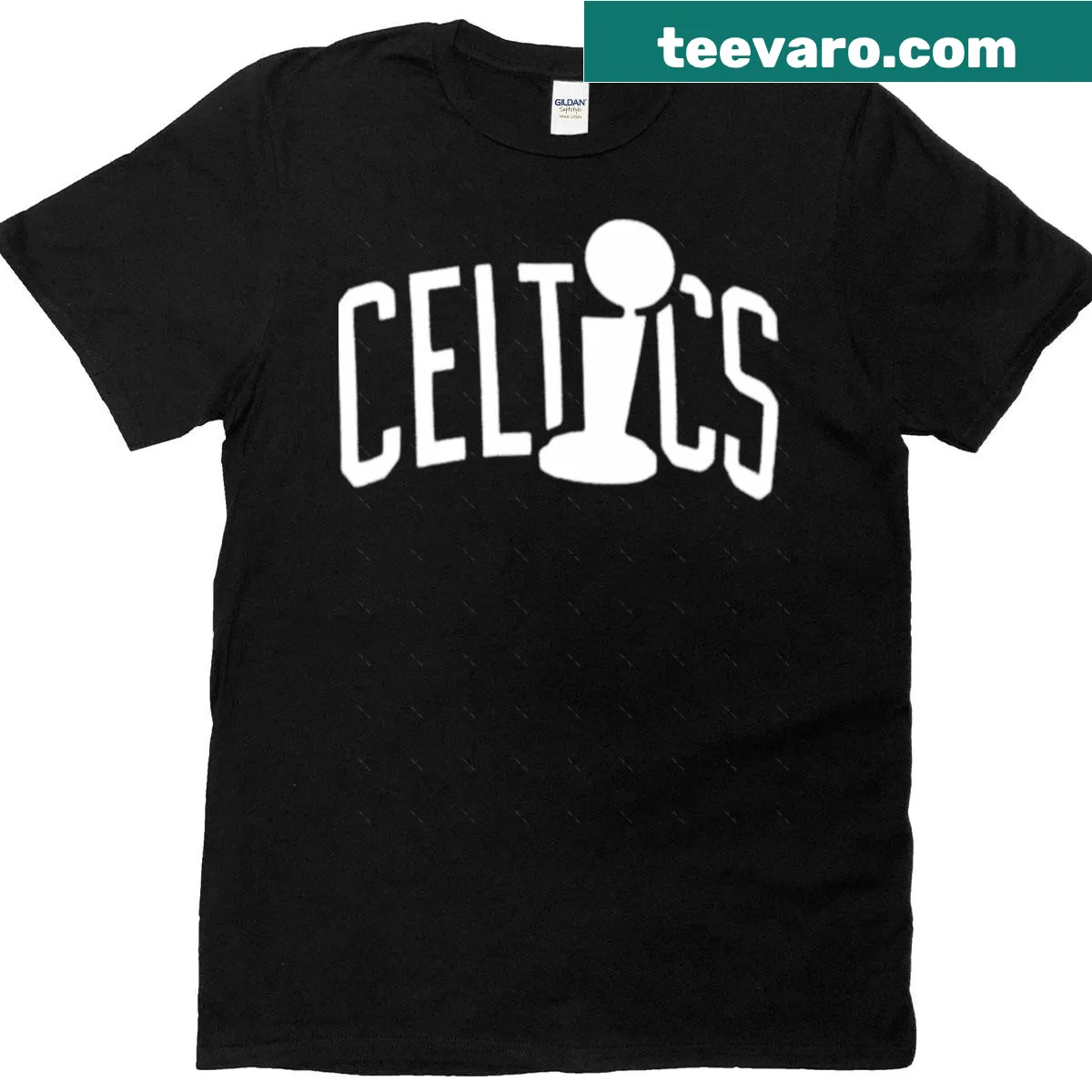Oversized t-shirt featuring Celtics trophy illustration — on a men's t-shirt