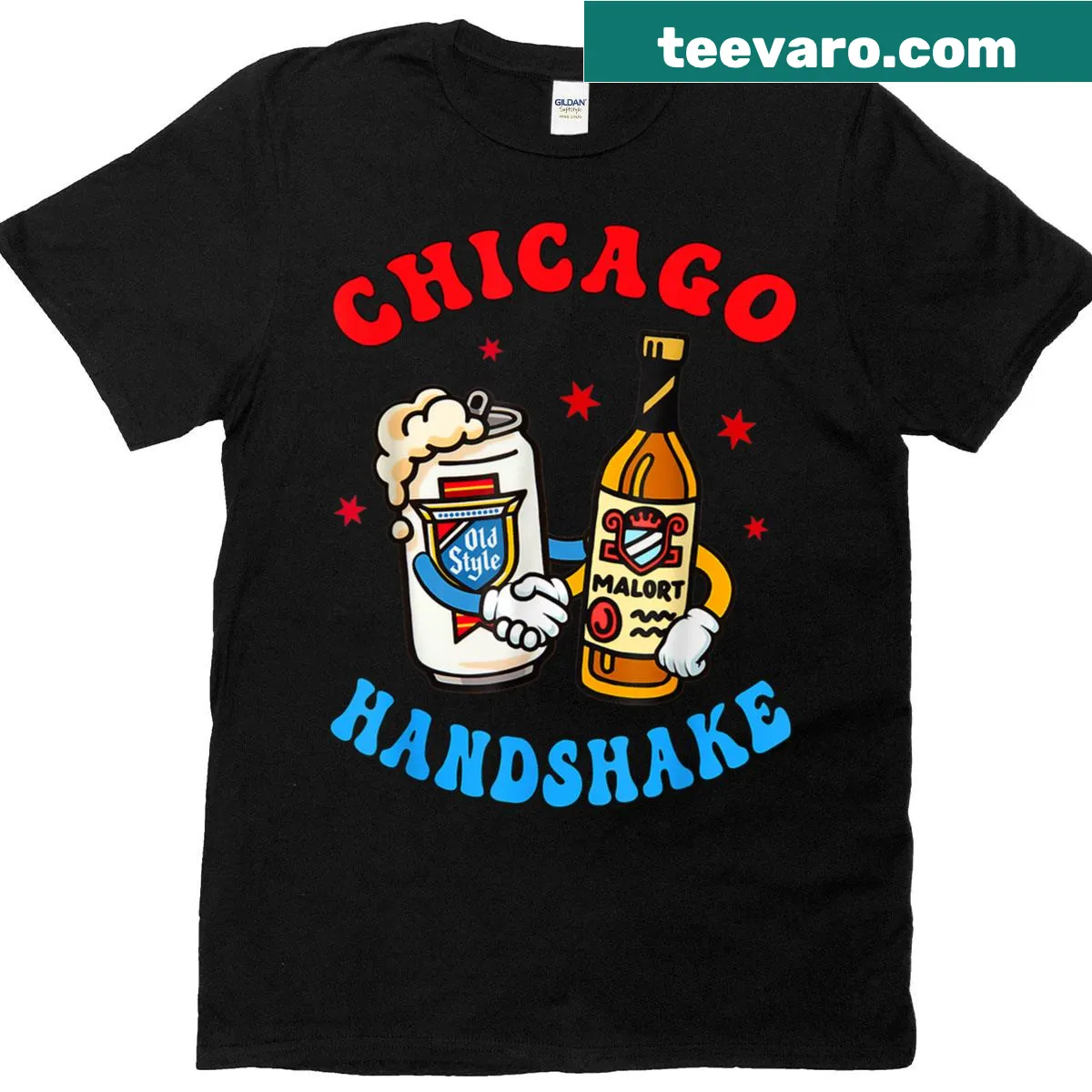 Cartoon graphic of Chicago Handshake featuring beer and Malort — on a men's t-shirt