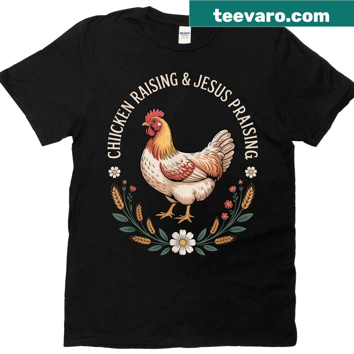 Vintage Chicken Raising and Jesus Praising t-shirt design — on a men's t-shirt